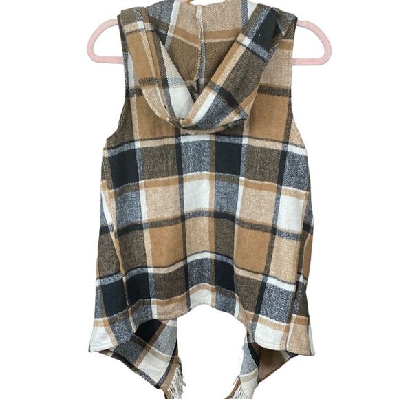 Sweet Generis Wm’s Sz Sm Brown Tan Peyton Plaid Sleeveless Hooded Poncho Sweater - Picture 2 of 3